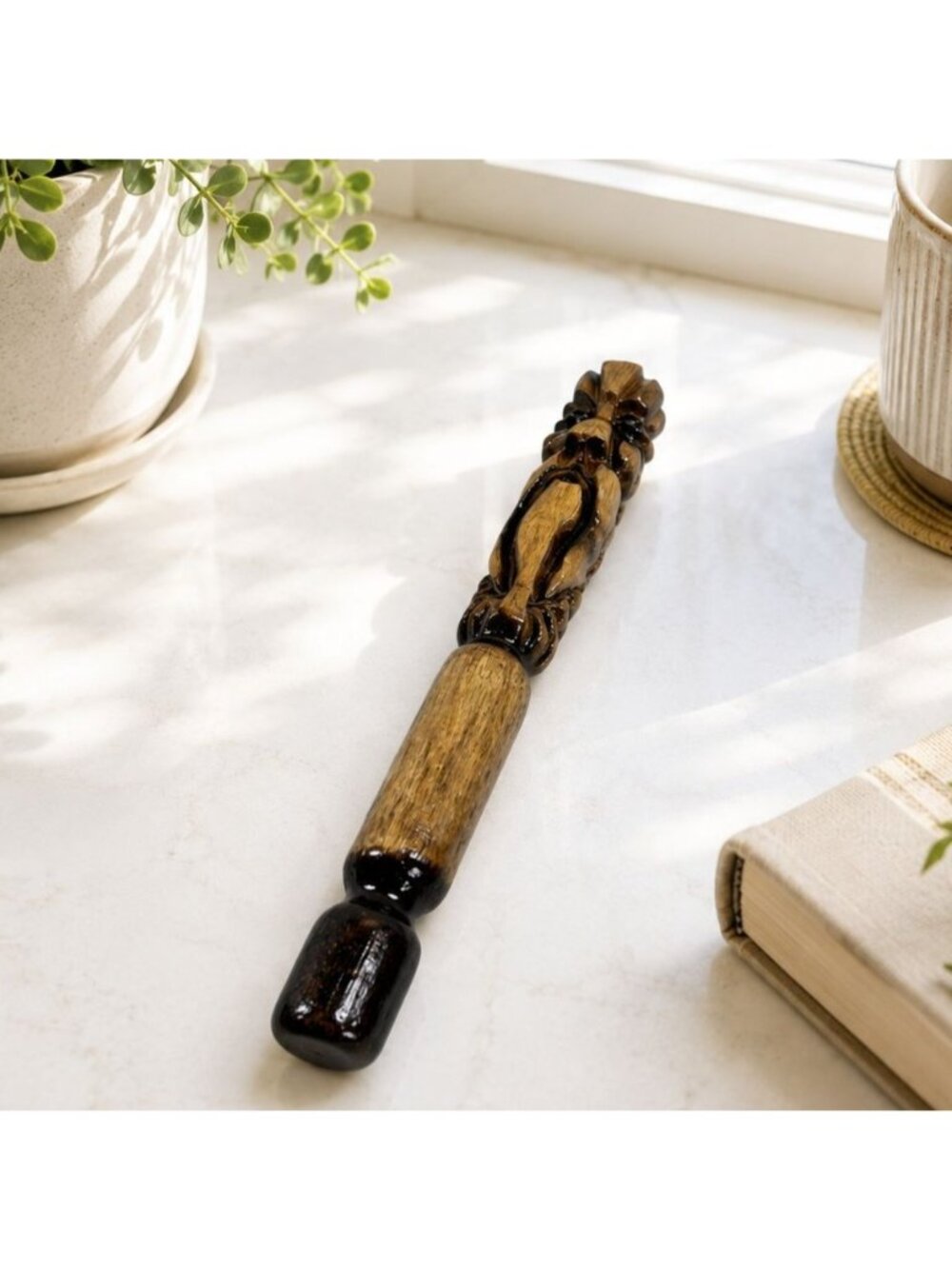 Vintage Hand Carved Wooden Wand Port Hardy Folk Art Bearded Face Carving Rustic